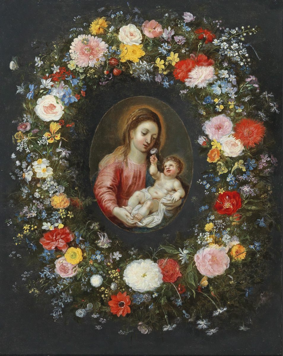 Jan Brueghel I und Jan Brueghel II und Hendrik van Balen, Blumengirlande um eine Madonna mit Kind, Öl auf Kupfer, 45,9x36.6, gerahmt. erzielter Preis: Euro 68.275, Schätzwert 30.000-40.000