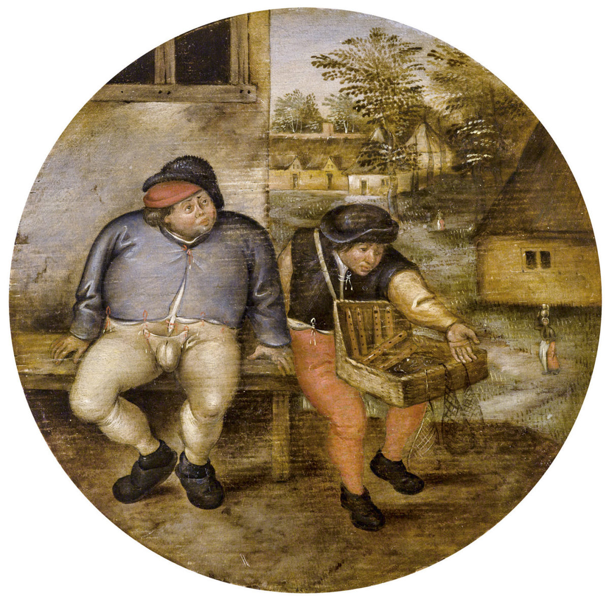 Pieter Brueghel II., Der dicke Bauer und Krämer auf einer Bank, Flämisches Sprichwort, Öl auf Holz, Tondo, Dm 18 cm, gerahmt. erzielter Preis: 216.784, Schätzwert 180.000 - 220.000 Euro