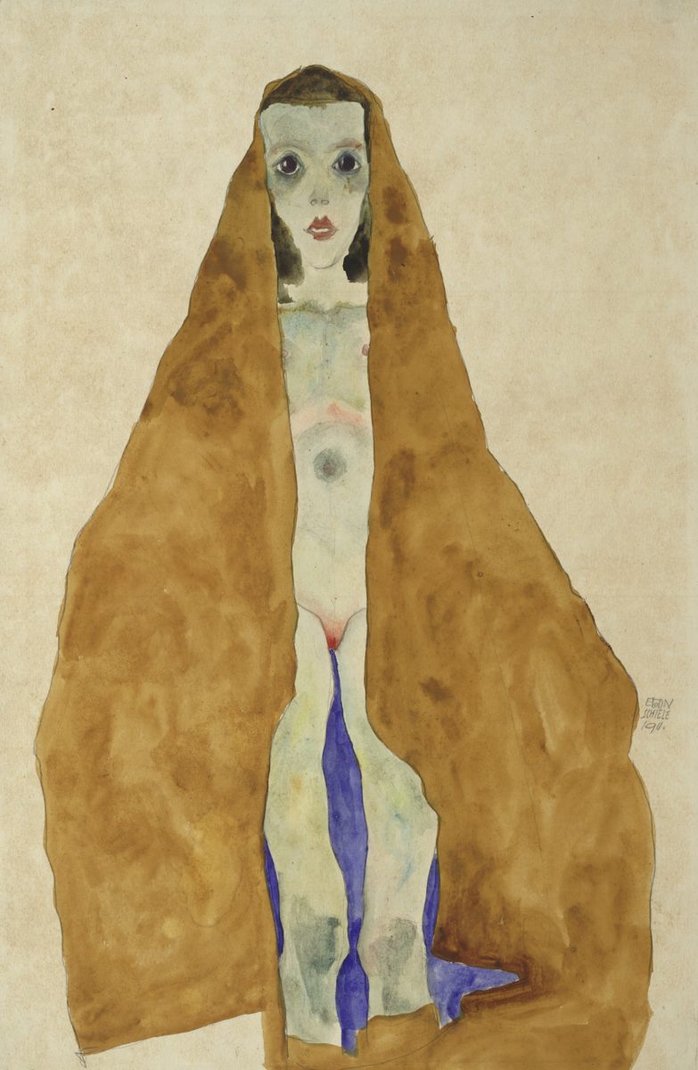 Egon Schiele, Junger Mädchenakt im ockerfarbigen Tuch, 1911. Bleistift, Aquarell auf Japanpapier, grundiertAlbertina, Wien
