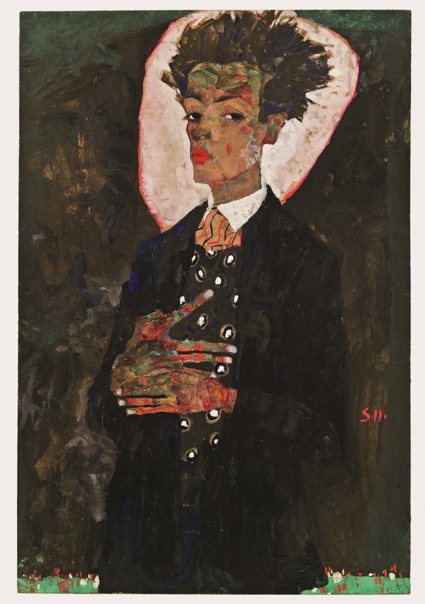 Egon Schiele, Selbstbildnis mit Pfauenweste, 1911. Gouache, Tempera, Aquarell und blaue Kreide auf Papier, auf Karton aufgezogen. Ernst Ploil, Wien 