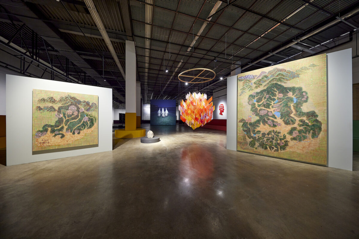 Minds Rising, Spirits Tuning, exhibition view 13th Gwangju Biennale, 2021, works by Min Joung-Ki, Outi Pieski, John Gerrard, and relics from the The Museum of Shamanism, photo: Sang tae Kim